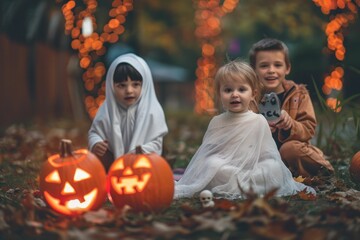 Group of three children in Halloween costumes sitting in front of pumpkins on the ground