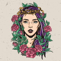 Mysterious woman colorful vintage sticker