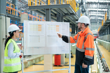 Engineers analyze maintenance schedules for electric train equipment that need to be replaced and...