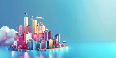 3D render, illustration 16K cute landscape, mini city , gradient green and blue pastel colors background