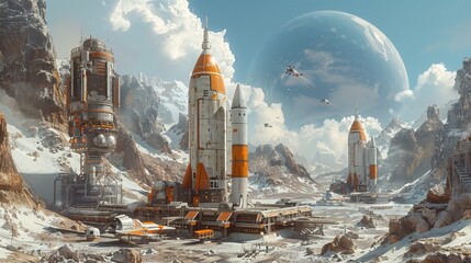 Futuristic spaceport bustling with activity, rockets launching and people walking