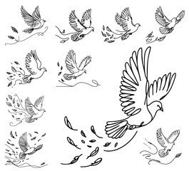 decorative pigeons, birds in flight drawn by hand with one line, nocolor vector illustration silhouette for laser cutting cnc, engraving, black shape decoration