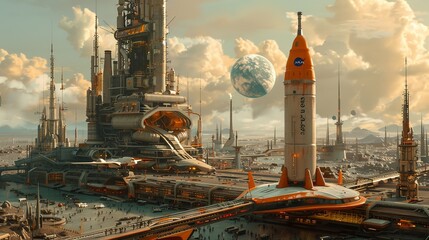 Futuristic spaceport bustling with activity, rockets launching and people walking
