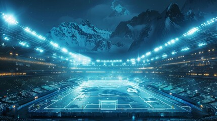 Futuristic sports stadium with holographic technology in a snowy mountain setting