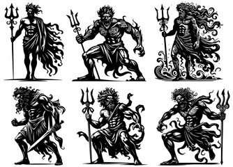 greek god figure poseidon and hades, silhouette for laser cutting cnc, engraving, decorative clipart black shape