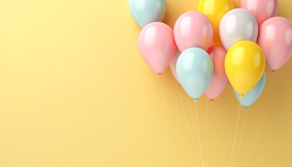 3d cute rendering Group of pastel party balloons on yellow background with space for text