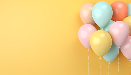 3d cute rendering Group of pastel party balloons on yellow background with space for text