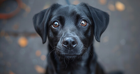 A black dog with a leash is looking at the camera