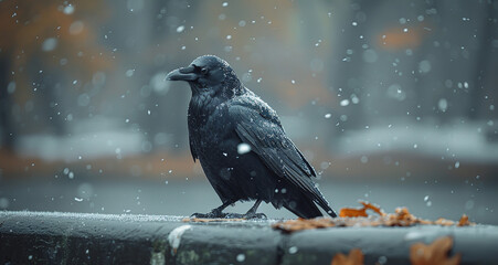 A crow sitting on the wall on a snowy day