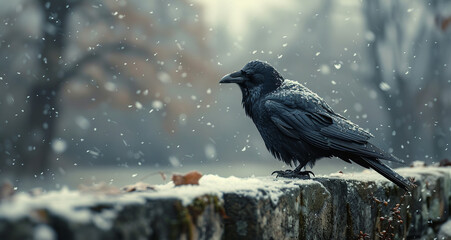 Obraz premium A crow sitting on the wall on a snowy day