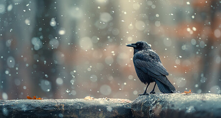 Obraz premium A crow sitting on the wall on a snowy day