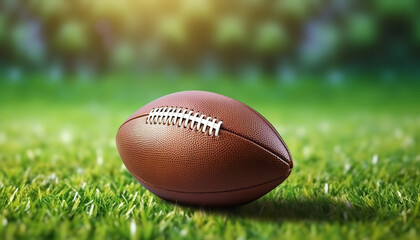 Brown American football ball on green artificial stadium turf background