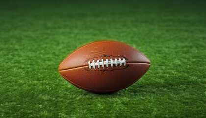 Brown American football ball on green artificial stadium turf background