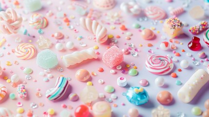 Fototapeta na wymiar Colorful Assorted Sweets Scattered on Pastel Background