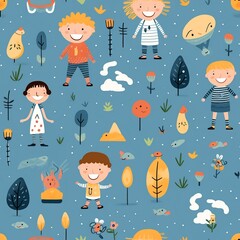 Gentle and playful Waldorf seamless pattern featuring children in imaginative play, ideal for classroom decor or textiles