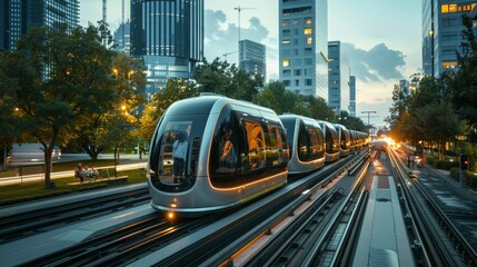 Futuristic self-driving trams line the tree-shaded urban street at sunset - obrazy, fototapety, plakaty