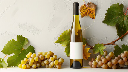 bottle of riesling wine framed by riesling wine grapes and leafs standing on a white table with...