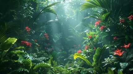Fototapeta na wymiar Lush green jungle scene illuminated by sunlight with vibrant exotic plants