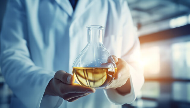 Close up Scientist holding laboratory flask
