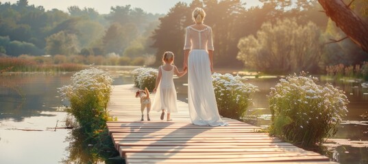 Young mother and daughter walking in sunny park with charming pet dog on a leisurely stroll - obrazy, fototapety, plakaty