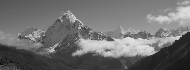 Monochrome image of Mount Ama Dablam, Nepal.