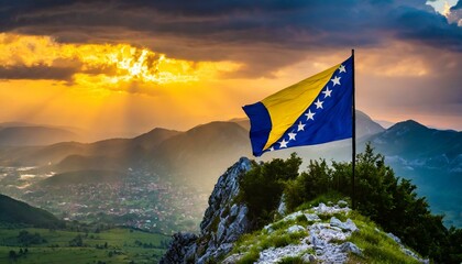 The Flag of Bosnia and Herzegovina On The Mountain. - obrazy, fototapety, plakaty