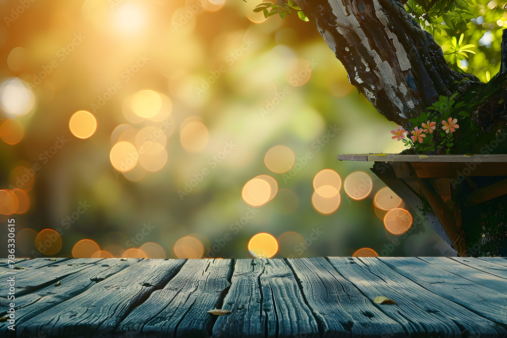 Poster table with a blurred or bokeh background of a tree house
