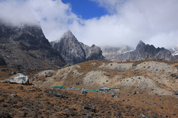 Huts in Dzongla, last place before the Cho La Pass, Nepal.