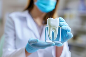 A dentist in a medical mask presenting a tooth model.
