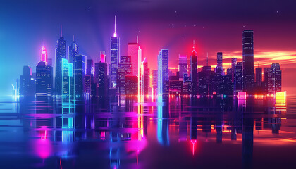 Fototapeta na wymiar neon futuristic cityscape background, evening, vibrant artificial lighting