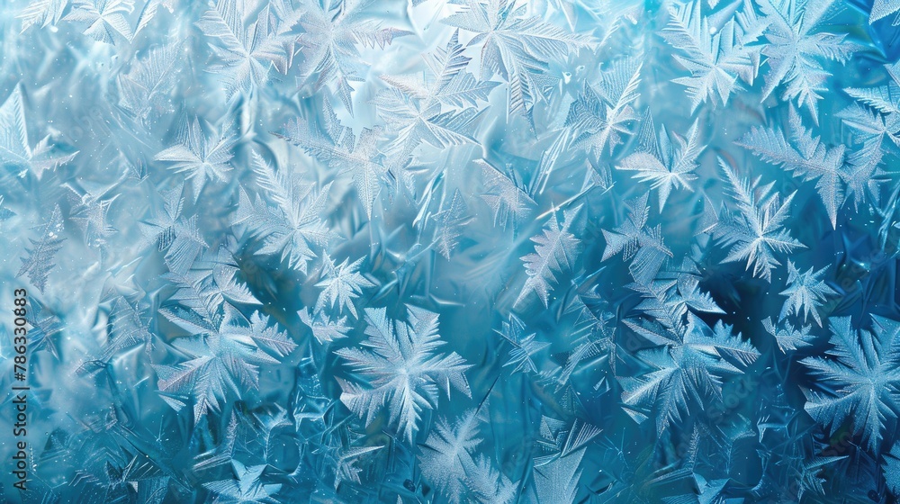 Aufkleber abstract frosty patterns on window glass with blue ice winter background and copy space