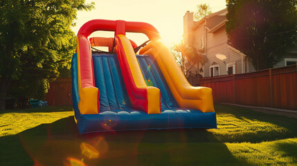 Picture a vibrant, colorful inflatable bounce house water slide set up in a backyard, ready to...