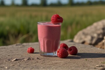 Fruit smoothie on the background of the sea, vacation, summer raspberry