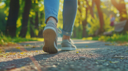 Woman Taking a Step in the Park: Close-up on Shoe with Rolled Up Jeans, Symbolizing the Concept of Embarking on a New Journey in Life.