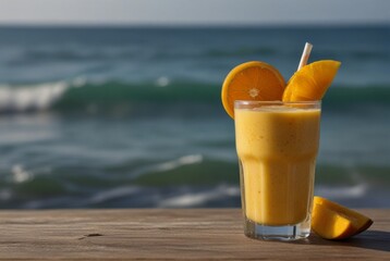 Fruit smoothie on the background of the sea, vacation, summer mango orange