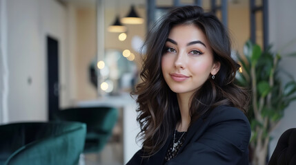 woman hairstylist, 29 years old, stylish, trendy, smart elegant black clothes aesthetic, black medium length hair, soft beachy waves in hair, silver and diamonds jewelry, leather blazer,