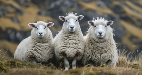 Obraz premium three sheep sitting on the green lawn