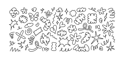 Hand drawn playful organic irregular doodle shapes and stickers. Modern brutalism and y2k sketchy design elements. Flower, heart, star, butterfly, spring, cloud, spiral abstract scribble drawing. © Kseniia