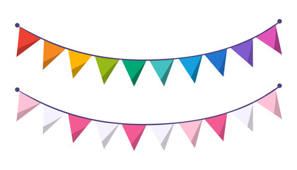 Festive triangle flag garland in simple flat style isolated on white background