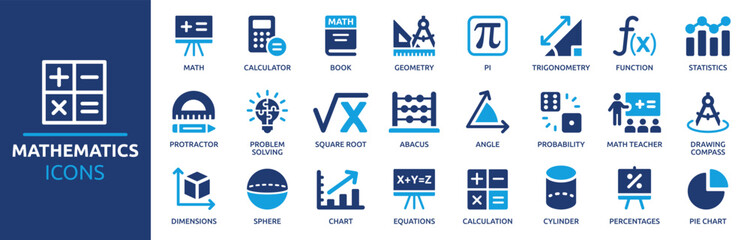 Obraz premium Mathematics icon set. Containing math, geometry, calculator, statistics, angle, equations, pie chart, calculation and more. Solid vector icons collection. 
