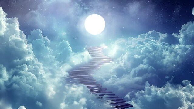A mystical staircase rises through the clouds to the brilliant moon
