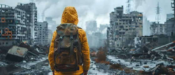 Lone Survivor's Quest in a Ruined Cityscape. Concept Adventure, Survival, Post-Apocalyptic, Exploration, Mystery - obrazy, fototapety, plakaty