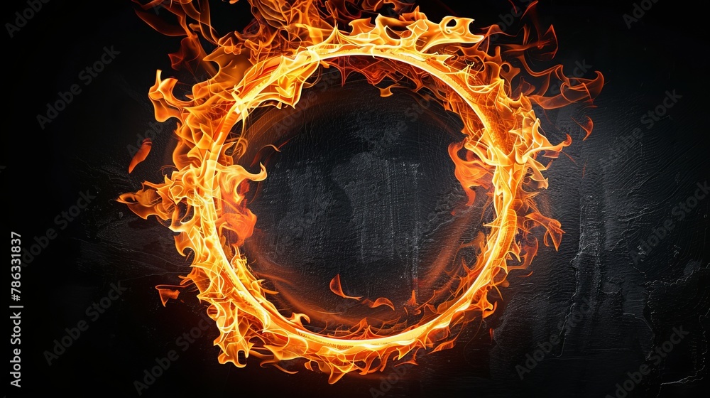 Poster circular frame of burning flames isolated on black background for a striking visual effect