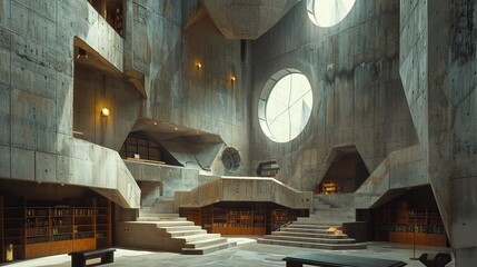 Modern Brutalist library with striking concrete architecture and cozy reading nooks - obrazy, fototapety, plakaty