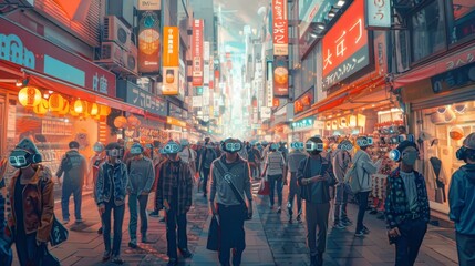 Young man exploring a vibrant street market in Japan, lined with colorful lanterns and local shops - obrazy, fototapety, plakaty