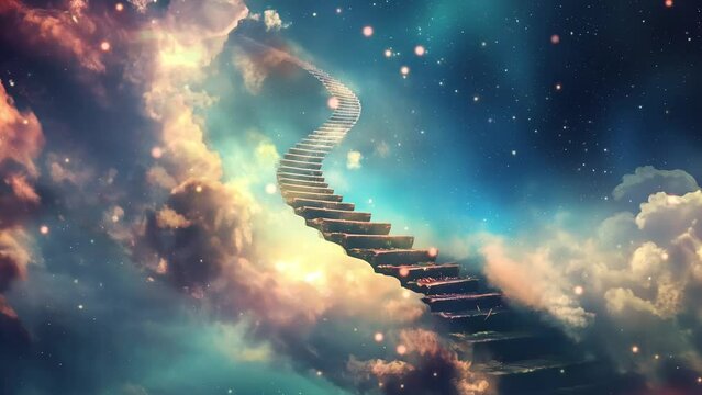 A mystical staircase rises through dramatic clouds towards the sky