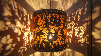 Decorative lamp casting shadows of wild nature and dancing figures, perfect for interior design, theatrical lighting, or creative storytelling