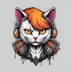 A close up of a cat wearing headphones for t-shirt
