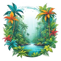A cartoon drawing of a palm tree and flowers with forest for t-shirt