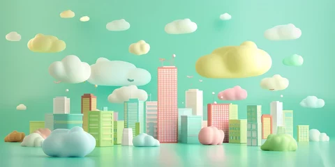 Foto op Canvas 3D render, illustration 16K cute landscape, mini city , gradient green background © rajagambar99